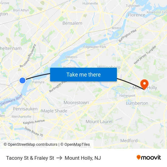 Tacony St & Fraley St to Mount Holly, NJ map