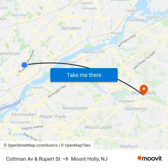 Cottman Av & Rupert St to Mount Holly, NJ map
