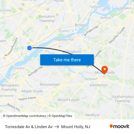 Torresdale Av & Linden Av to Mount Holly, NJ map
