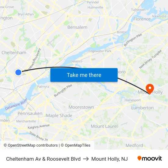 Cheltenham Av & Roosevelt Blvd to Mount Holly, NJ map