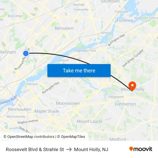 Roosevelt Blvd & Strahle St to Mount Holly, NJ map