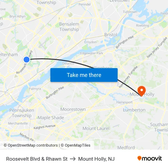 Roosevelt Blvd & Rhawn St to Mount Holly, NJ map