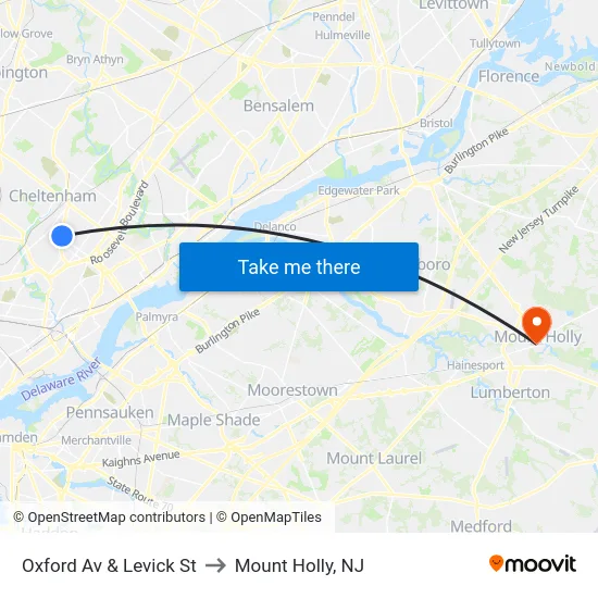 Oxford Av & Levick St to Mount Holly, NJ map
