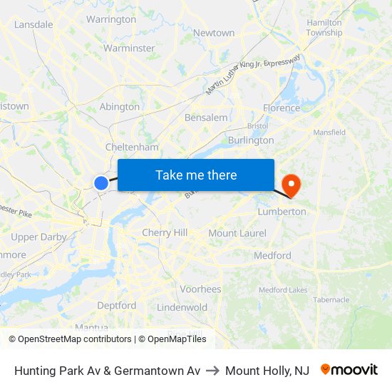 Hunting Park Av & Germantown Av to Mount Holly, NJ map