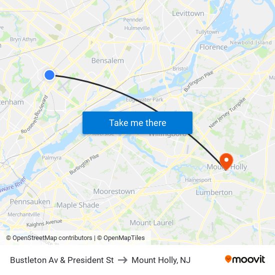 Bustleton Av & President St to Mount Holly, NJ map