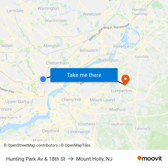Hunting Park Av & 18th St to Mount Holly, NJ map