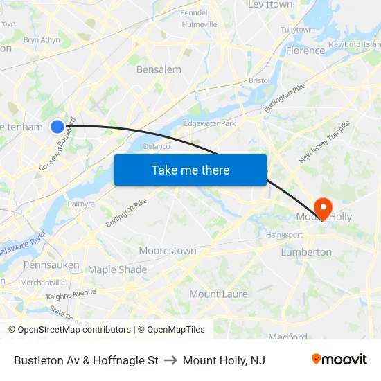 Bustleton Av & Hoffnagle St to Mount Holly, NJ map