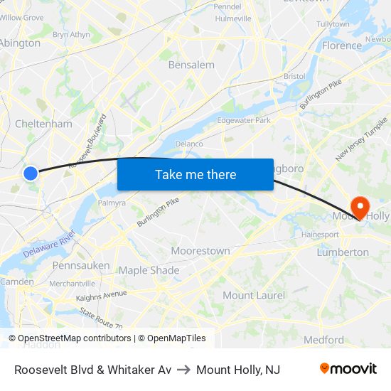 Roosevelt Blvd & Whitaker Av to Mount Holly, NJ map
