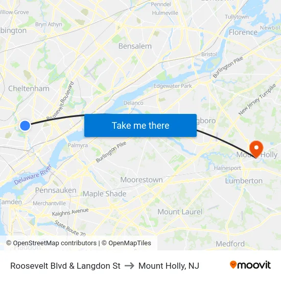 Roosevelt Blvd & Langdon St to Mount Holly, NJ map