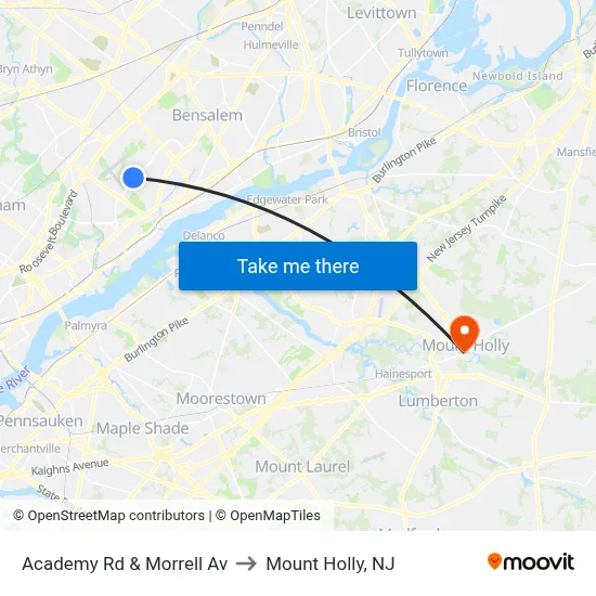 Academy Rd & Morrell Av to Mount Holly, NJ map