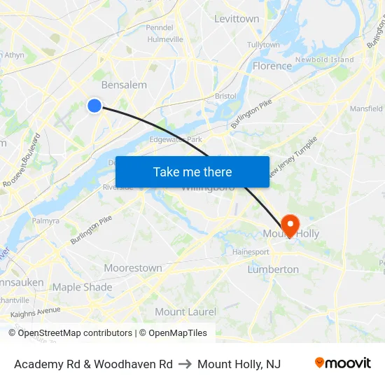 Academy Rd & Woodhaven Rd to Mount Holly, NJ map