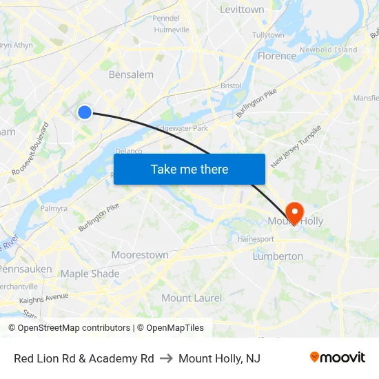 Red Lion Rd & Academy Rd to Mount Holly, NJ map