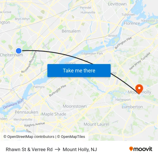 Rhawn St & Verree Rd to Mount Holly, NJ map
