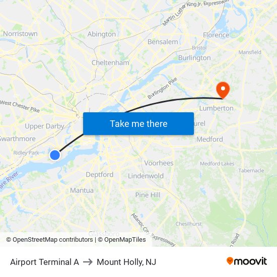 Airport Terminal A to Mount Holly, NJ map