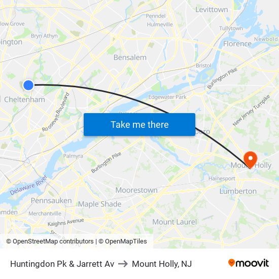 Huntingdon Pk & Jarrett Av to Mount Holly, NJ map