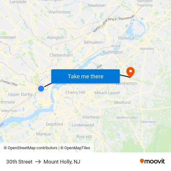 30th Street to Mount Holly, NJ map
