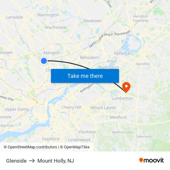 Glenside to Mount Holly, NJ map