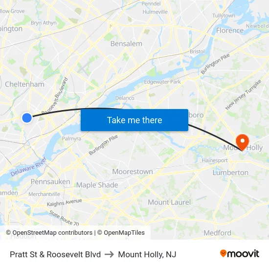 Pratt St & Roosevelt Blvd to Mount Holly, NJ map