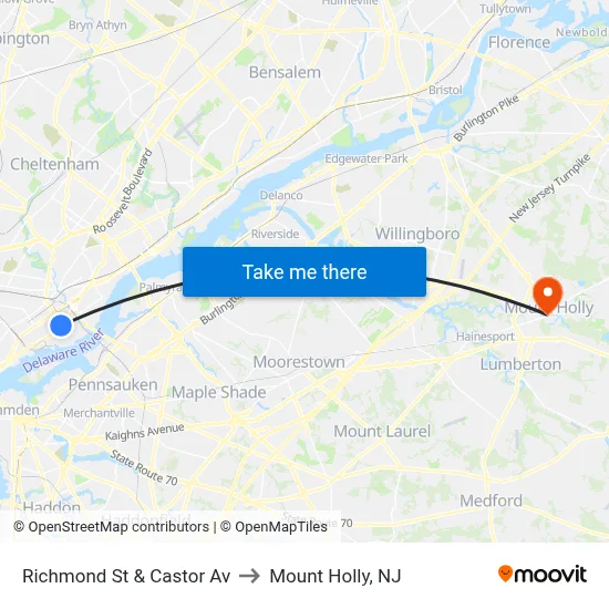 Richmond St & Castor Av to Mount Holly, NJ map
