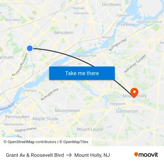 Grant Av & Roosevelt Blvd to Mount Holly, NJ map