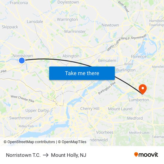 Norristown T.C. to Mount Holly, NJ map