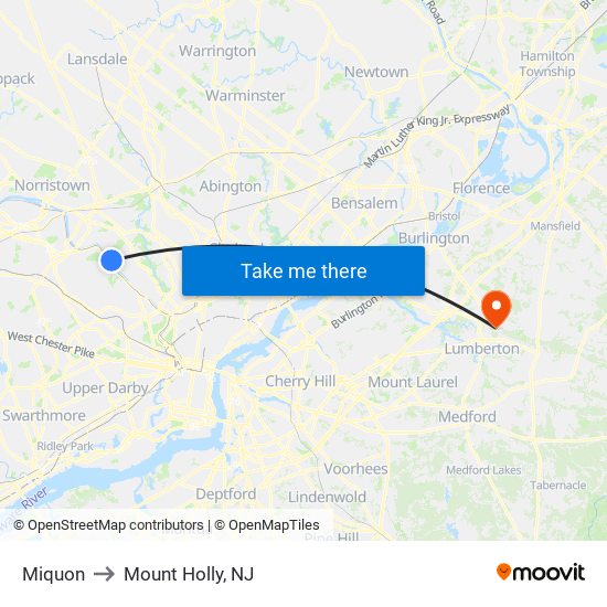 Miquon to Mount Holly, NJ map