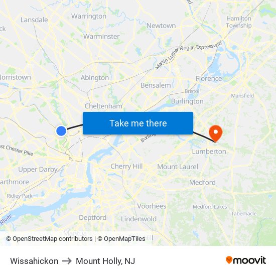 Wissahickon to Mount Holly, NJ map
