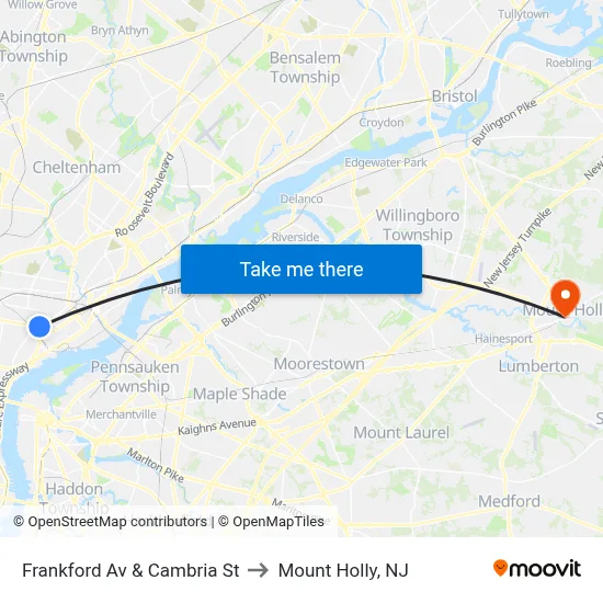 Frankford Av & Cambria St to Mount Holly, NJ map