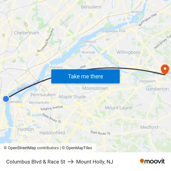 Columbus Blvd & Race St to Mount Holly, NJ map