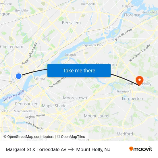 Margaret St & Torresdale Av to Mount Holly, NJ map