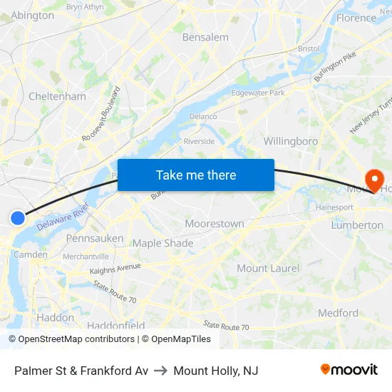 Palmer St & Frankford Av to Mount Holly, NJ map