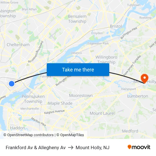 Frankford Av & Allegheny Av to Mount Holly, NJ map