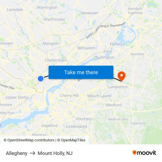 Allegheny to Mount Holly, NJ map