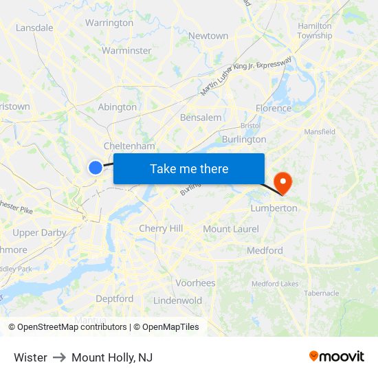 Wister to Mount Holly, NJ map