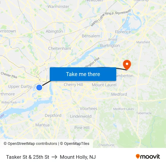 Tasker St & 25th St to Mount Holly, NJ map