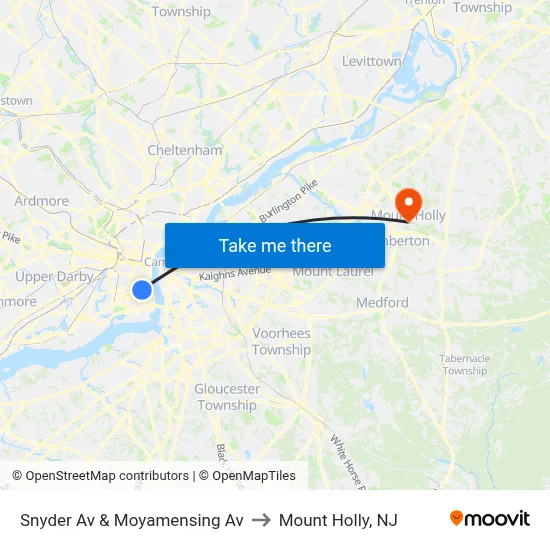 Snyder Av & Moyamensing Av to Mount Holly, NJ map