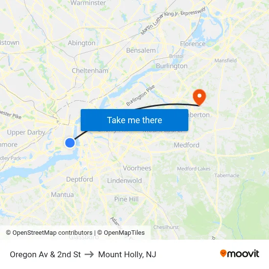 Oregon Av & 2nd St to Mount Holly, NJ map