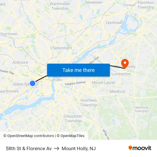 58th St & Florence Av to Mount Holly, NJ map