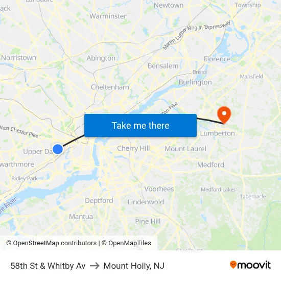 58th St & Whitby Av to Mount Holly, NJ map