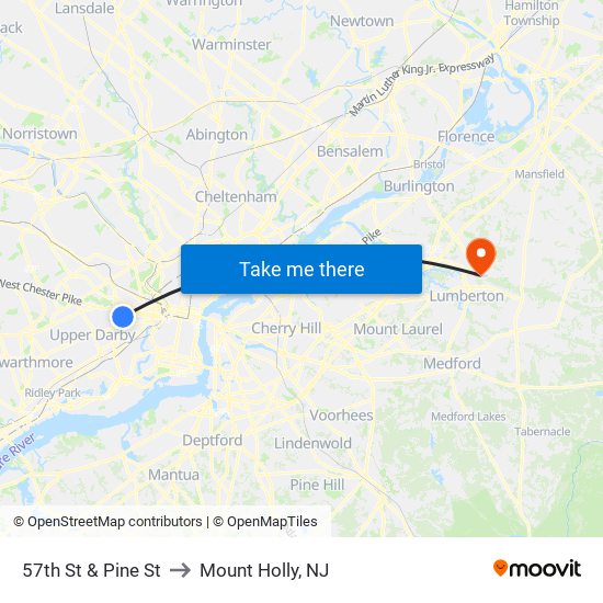 57th St & Pine St to Mount Holly, NJ map