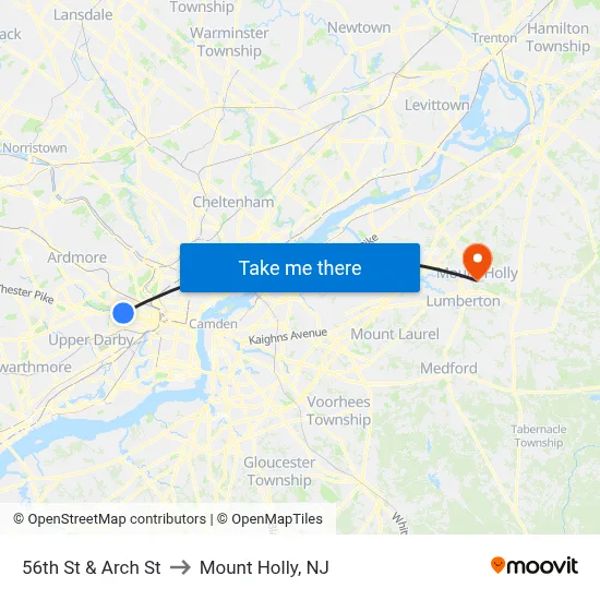 56th St & Arch St to Mount Holly, NJ map