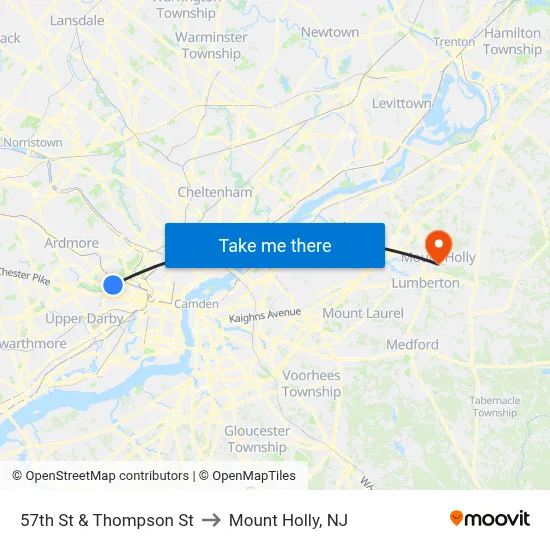 57th St & Thompson St to Mount Holly, NJ map