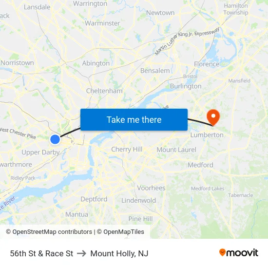 56th St & Race St to Mount Holly, NJ map