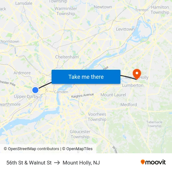 56th St & Walnut St to Mount Holly, NJ map