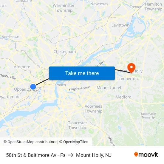 58th St & Baltimore Av - Fs to Mount Holly, NJ map