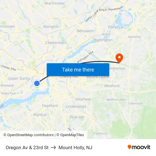 Oregon Av & 23rd St to Mount Holly, NJ map