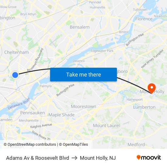 Adams Av & Roosevelt Blvd to Mount Holly, NJ map