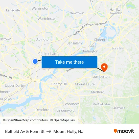 Belfield Av & Penn St to Mount Holly, NJ map