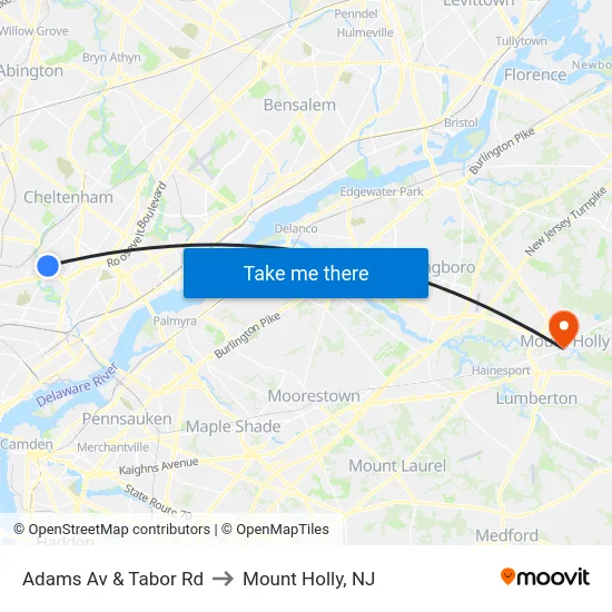 Adams Av & Tabor Rd to Mount Holly, NJ map