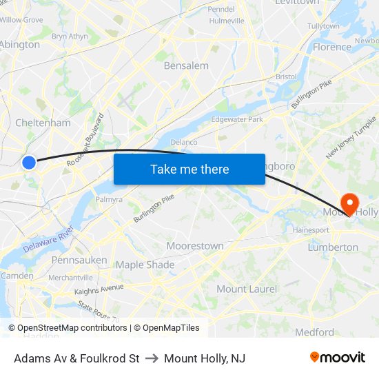 Adams Av & Foulkrod St to Mount Holly, NJ map